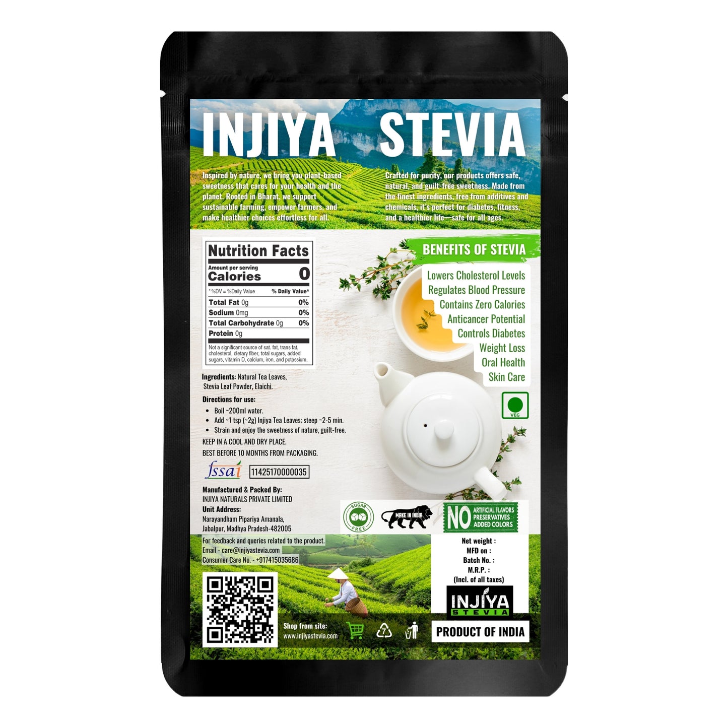 INJIYA Sugar-Free Stevia Tea - Elaichi | Zero Calorie Tea for Health & Fitness | 60g Injiya Sugar Free Stevia Products – Natural, Zero Calorie Sweeteners for Healthy Living.