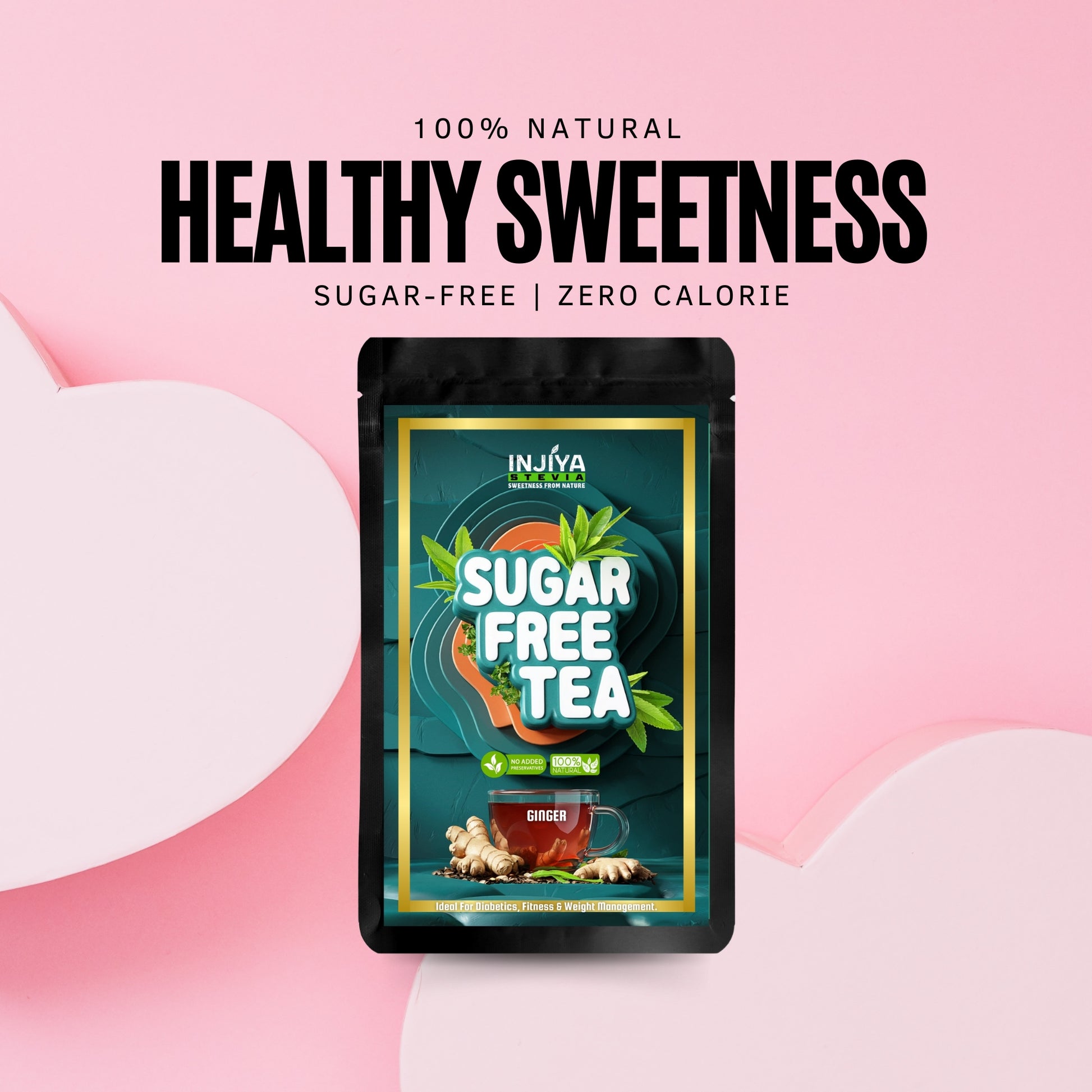 INJIYA Sugar-Free Stevia Tea - Ginger | Zero Calorie Tea for Health & Fitness | 60g Injiya Sugar Free Stevia Products – Natural, Zero Calorie Sweeteners for Healthy Living.