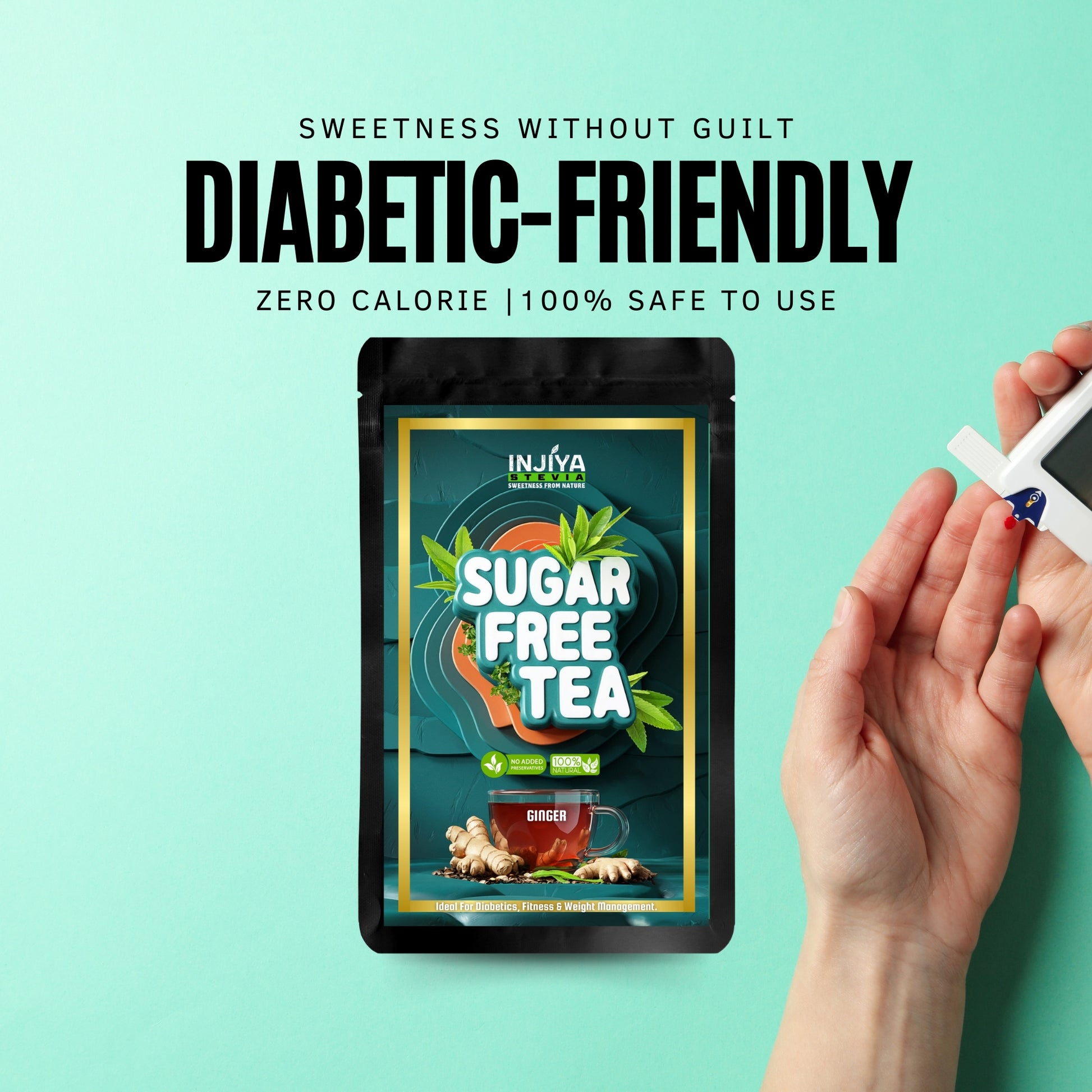 INJIYA Sugar-Free Stevia Tea - Ginger | Zero Calorie Tea for Health & Fitness | 60g Injiya Sugar Free Stevia Products – Natural, Zero Calorie Sweeteners for Healthy Living.