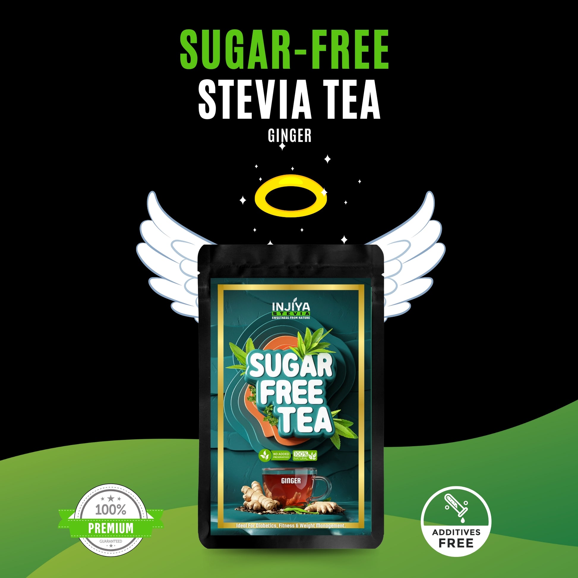 INJIYA Sugar-Free Stevia Tea - Ginger | Zero Calorie Tea for Health & Fitness | 60g Injiya Sugar Free Stevia Products – Natural, Zero Calorie Sweeteners for Healthy Living.