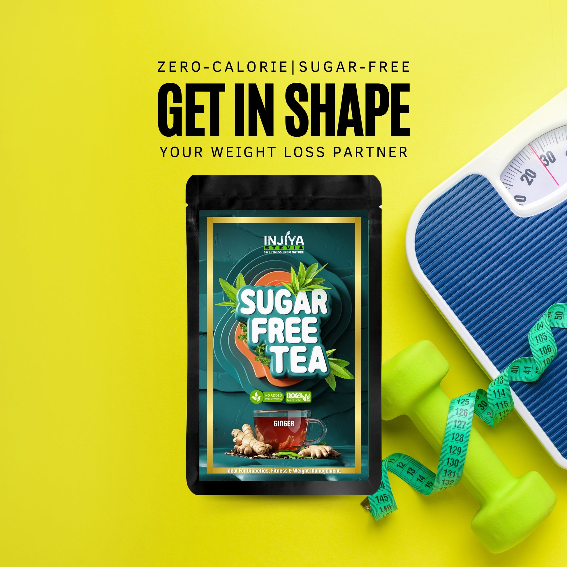 INJIYA Sugar-Free Stevia Tea - Ginger | Zero Calorie Tea for Health & Fitness | 60g Injiya Sugar Free Stevia Products – Natural, Zero Calorie Sweeteners for Healthy Living.