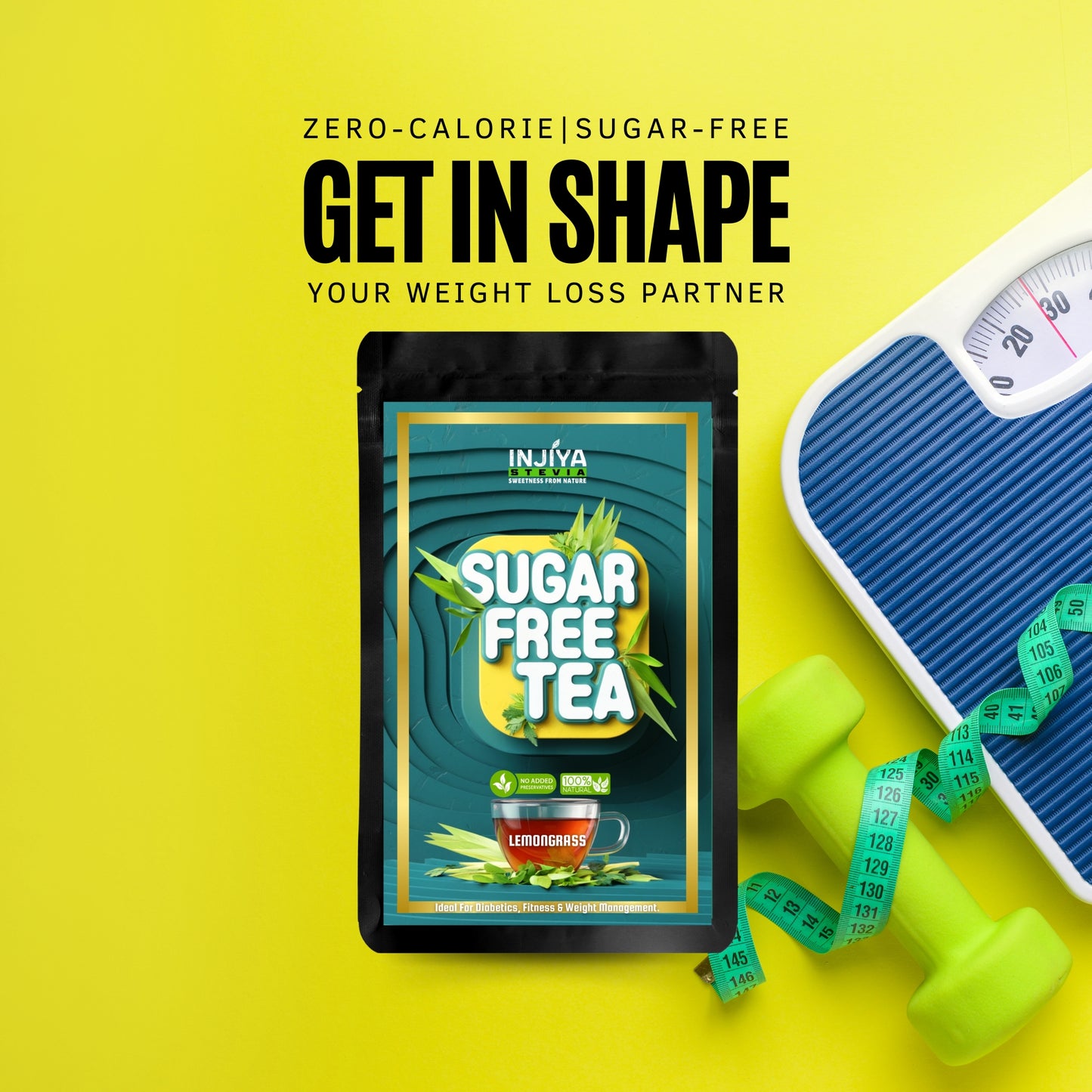 INJIYA Sugar-Free Stevia Tea - Lemongrass | Zero Calorie Tea for Health & Fitness | 60g Injiya Sugar Free Stevia Products – Natural, Zero Calorie Sweeteners for Healthy Living.