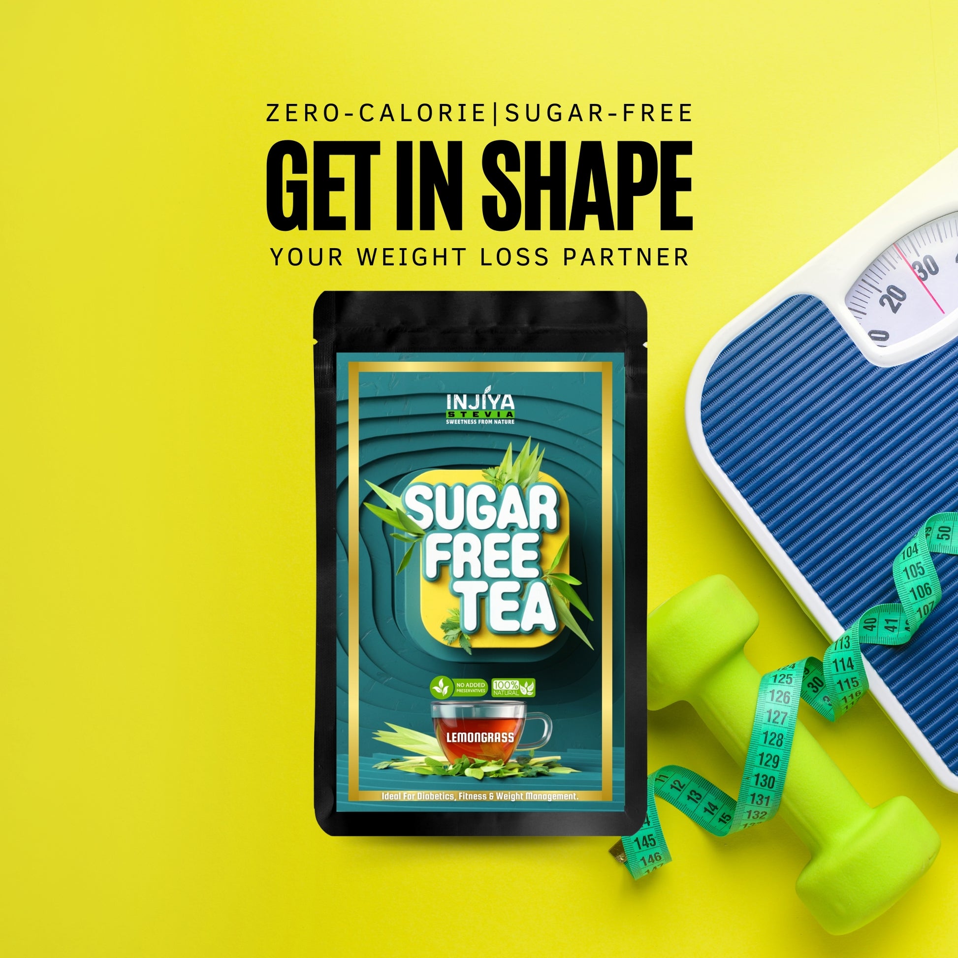 INJIYA Sugar-Free Stevia Tea - Lemongrass | Zero Calorie Tea for Health & Fitness | 60g Injiya Sugar Free Stevia Products – Natural, Zero Calorie Sweeteners for Healthy Living.