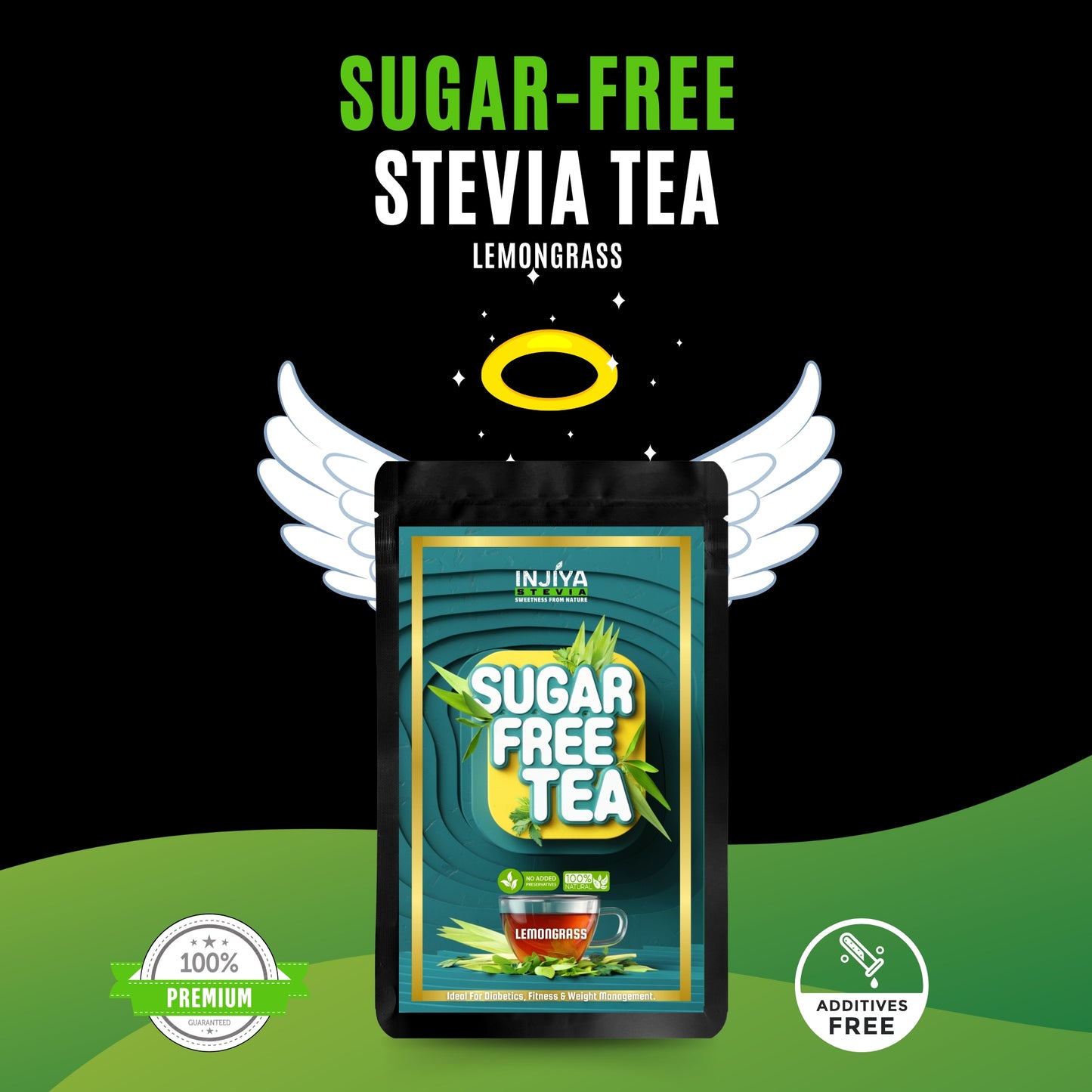 INJIYA Sugar-Free Stevia Tea - Lemongrass | Zero Calorie Tea for Health & Fitness | 60g Injiya Sugar Free Stevia Products – Natural, Zero Calorie Sweeteners for Healthy Living.