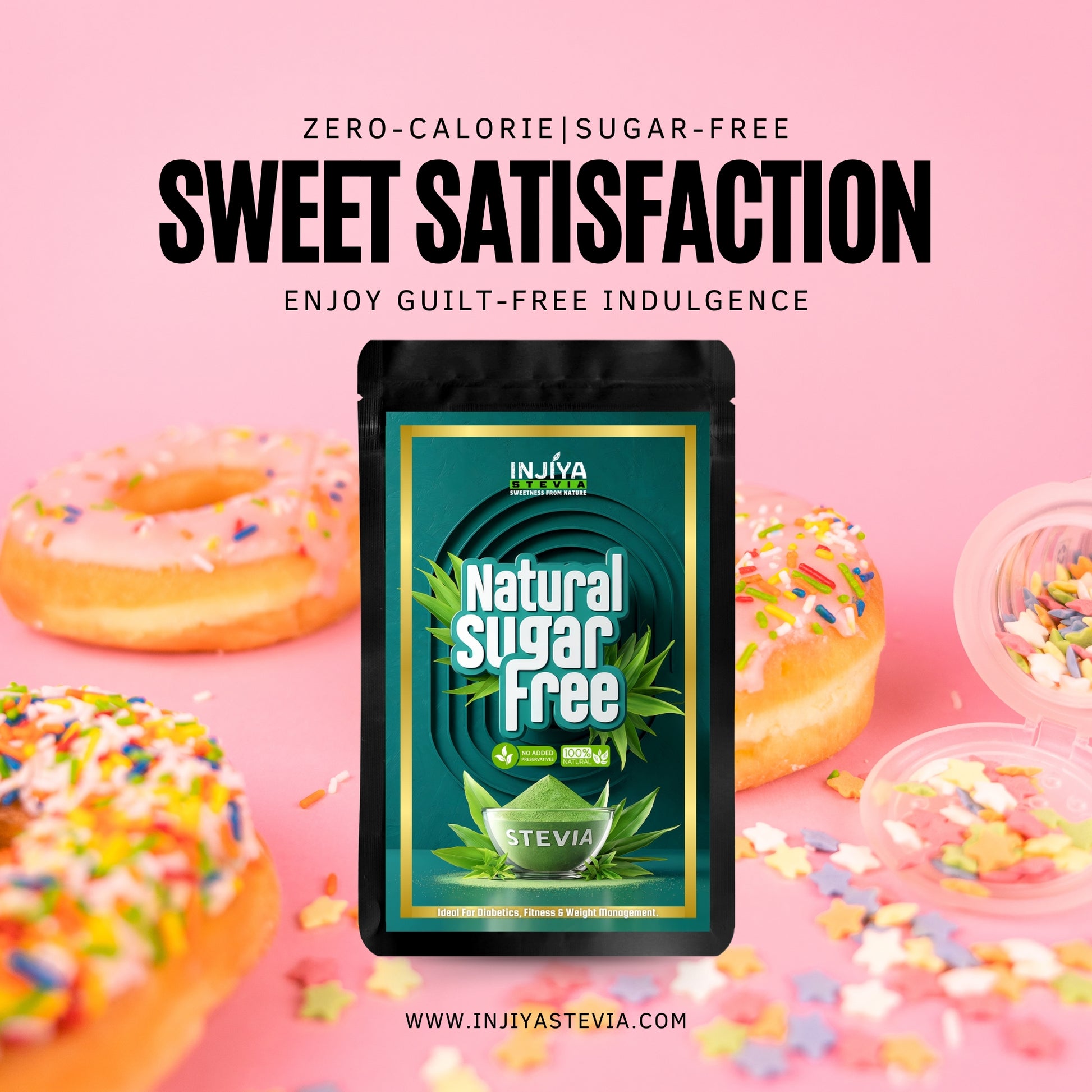 INJIYA Natural Sugar-Free Stevia Powder | Zero Calorie Sweetener | Ideal for Diabetics, Fitness & Weight Loss - 60g Injiya Sugar Free Stevia Products – Natural, Zero Calorie Sweeteners for Healthy Living.