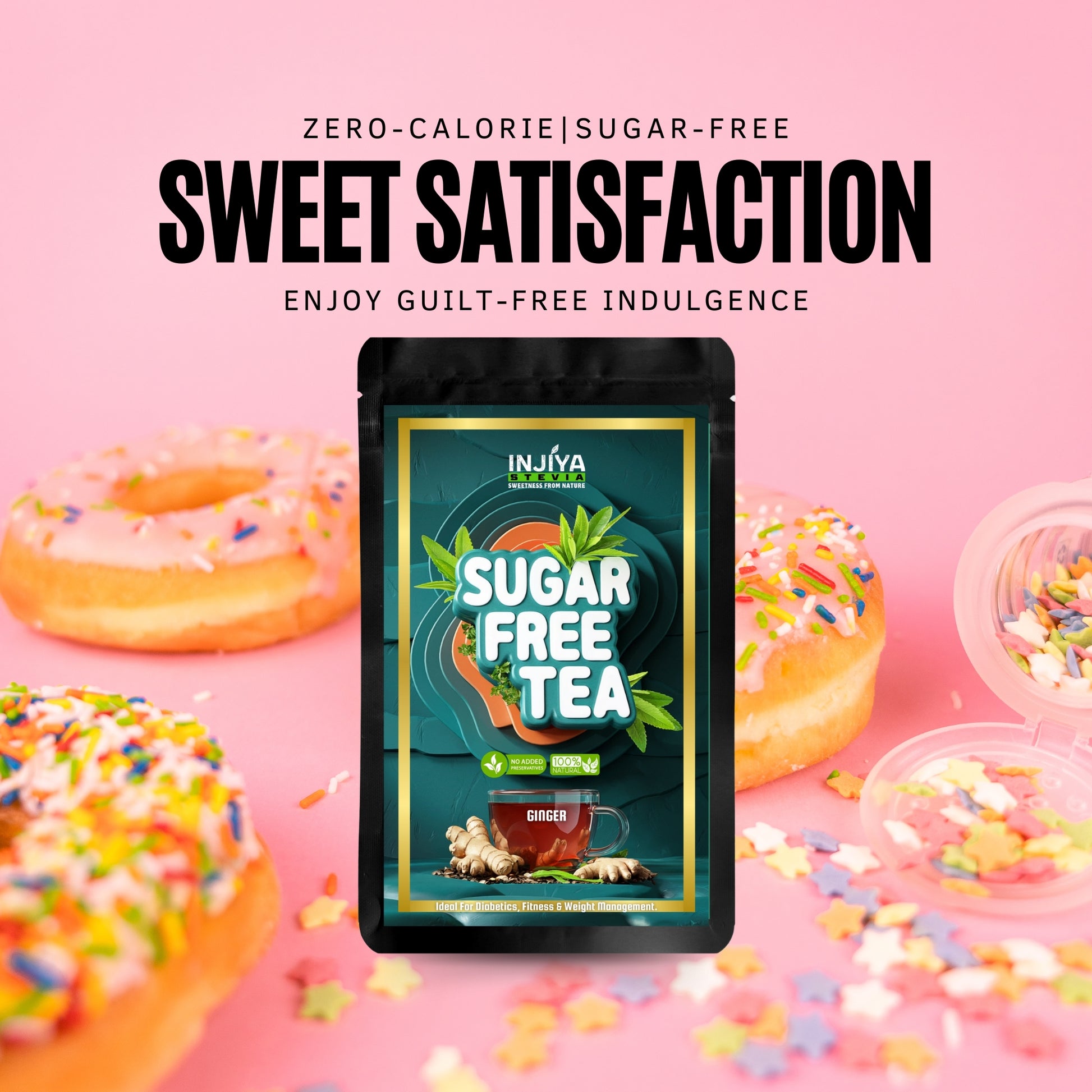 INJIYA Sugar-Free Stevia Tea - Ginger | Zero Calorie Tea for Health & Fitness | 60g Injiya Sugar Free Stevia Products – Natural, Zero Calorie Sweeteners for Healthy Living.