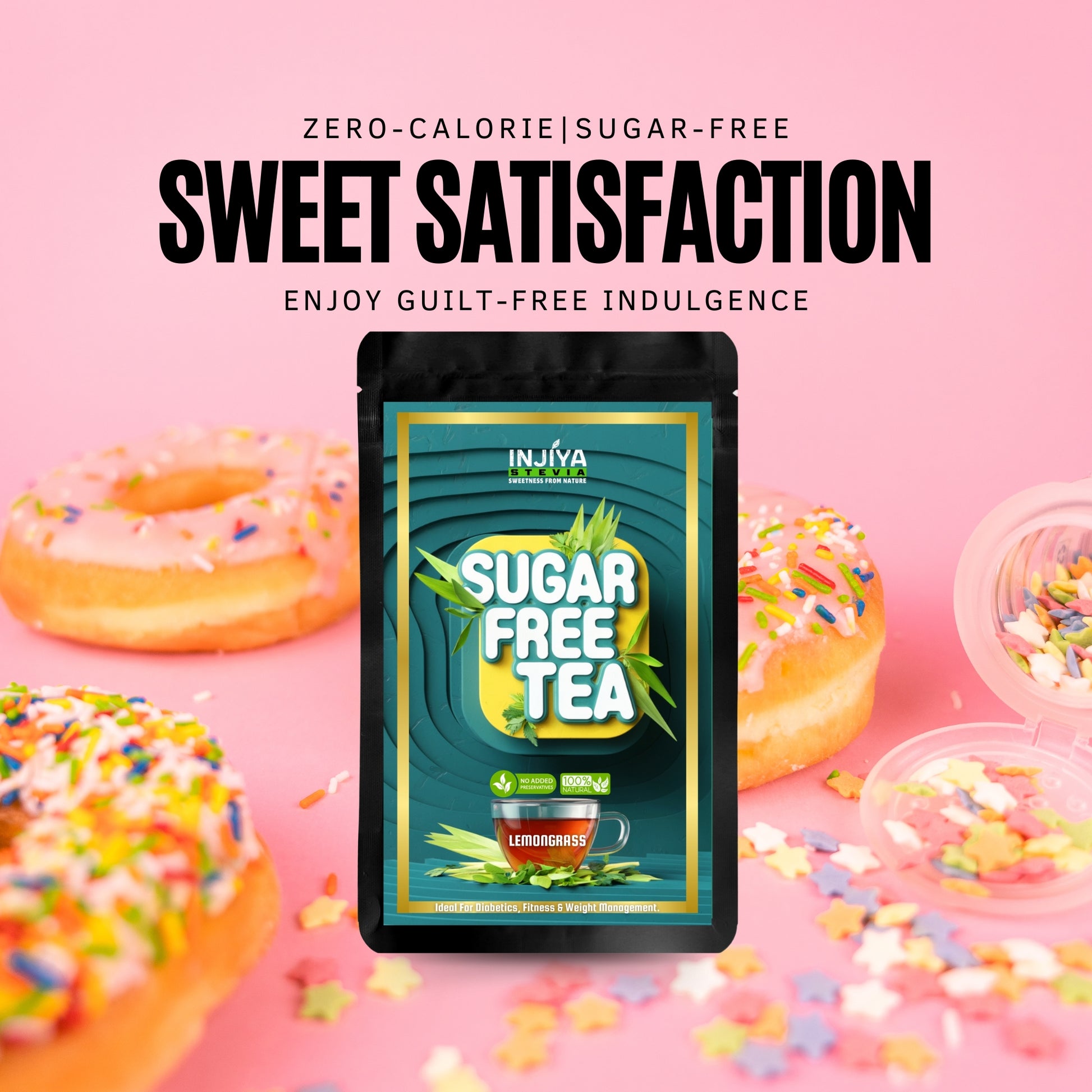 INJIYA Sugar-Free Stevia Tea - Lemongrass | Zero Calorie Tea for Health & Fitness | 60g Injiya Sugar Free Stevia Products – Natural, Zero Calorie Sweeteners for Healthy Living.