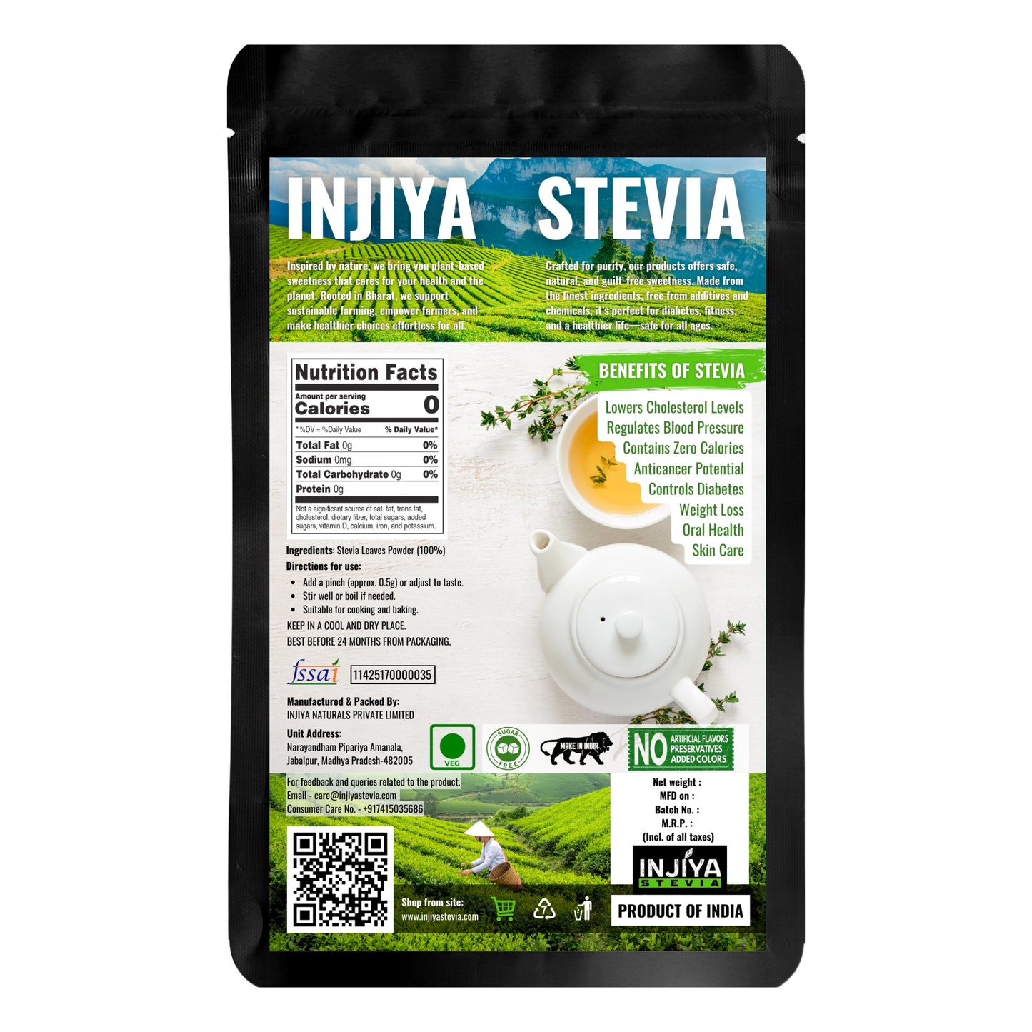 INJIYA Organic Stevia Powder | 100% Natural Sugar-Free Sweetener  for Diabetics, Fitness & Weight Loss - 60g Injiya Sugar Free Stevia Products – Natural, Zero Calorie Sweeteners for Healthy Living.